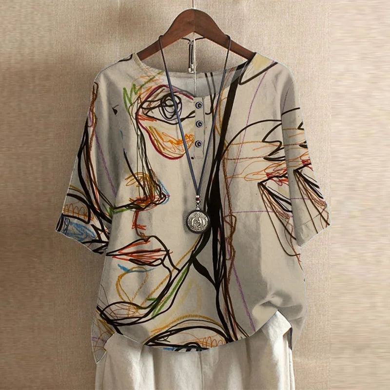 Floral Blouse with Round Neck and Short Sleeves