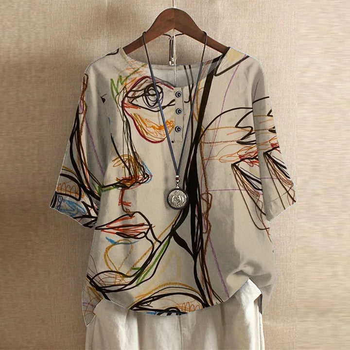 Floral Blouse with Round Neck and Short Sleeves