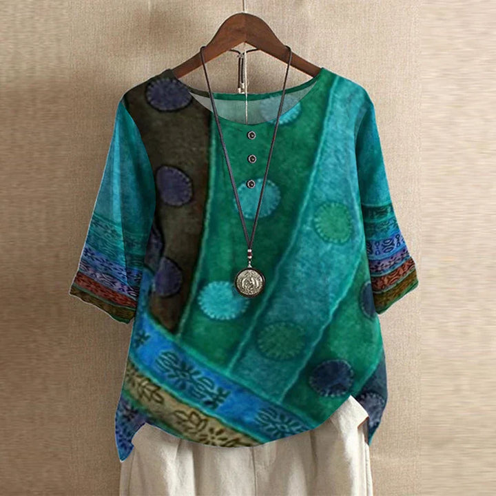 Floral Blouse with Round Neck and Short Sleeves