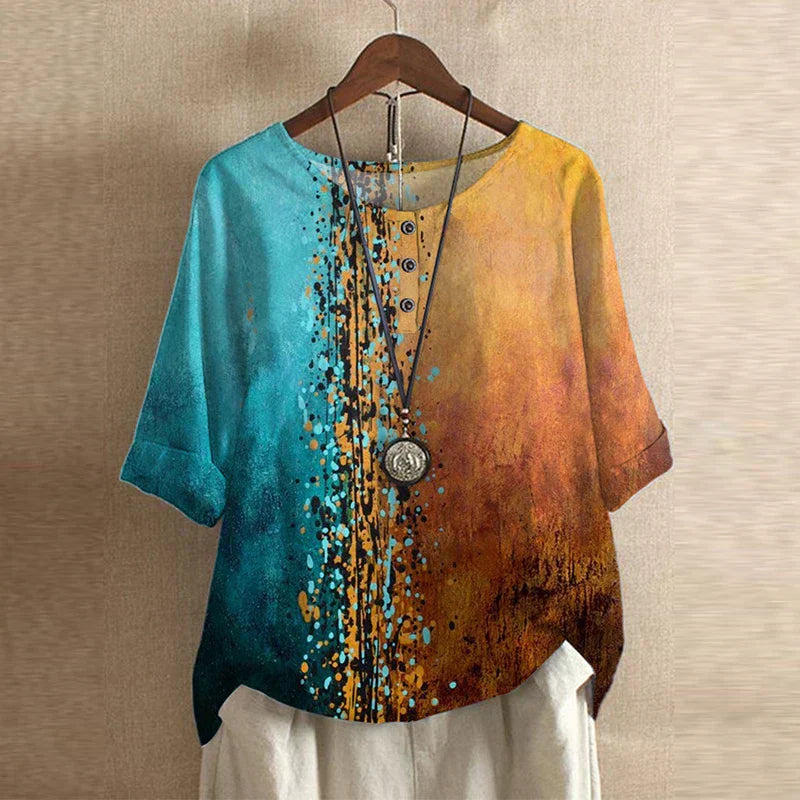 Floral Blouse with Round Neck and Short Sleeves