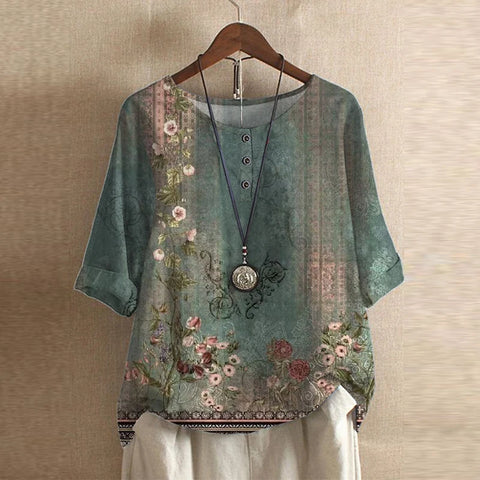Floral Blouse with Round Neck and Short Sleeves