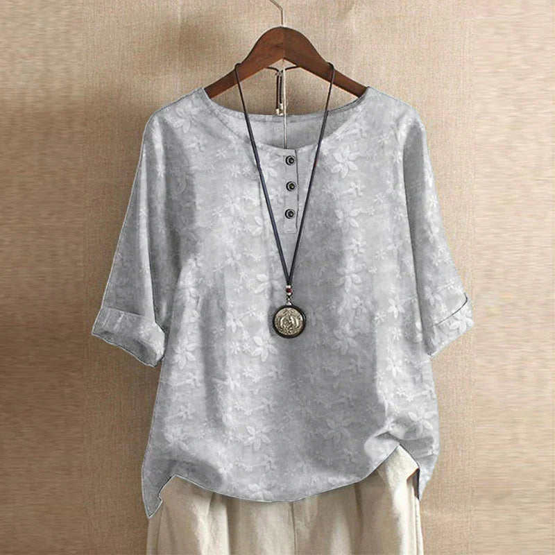 Floral Blouse with Round Neck and Short Sleeves