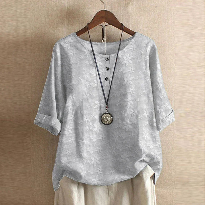 Floral Blouse with Round Neck and Short Sleeves