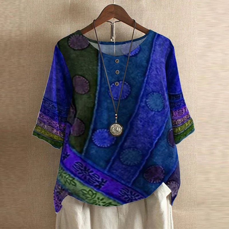 Floral Blouse with Round Neck and Short Sleeves