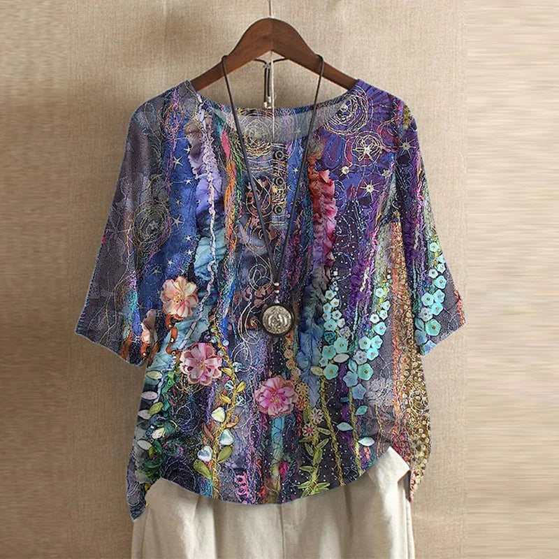 Floral Blouse with Round Neck and Short Sleeves