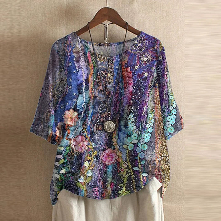 Floral Blouse with Round Neck and Short Sleeves