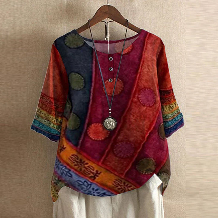 Floral Blouse with Round Neck and Short Sleeves