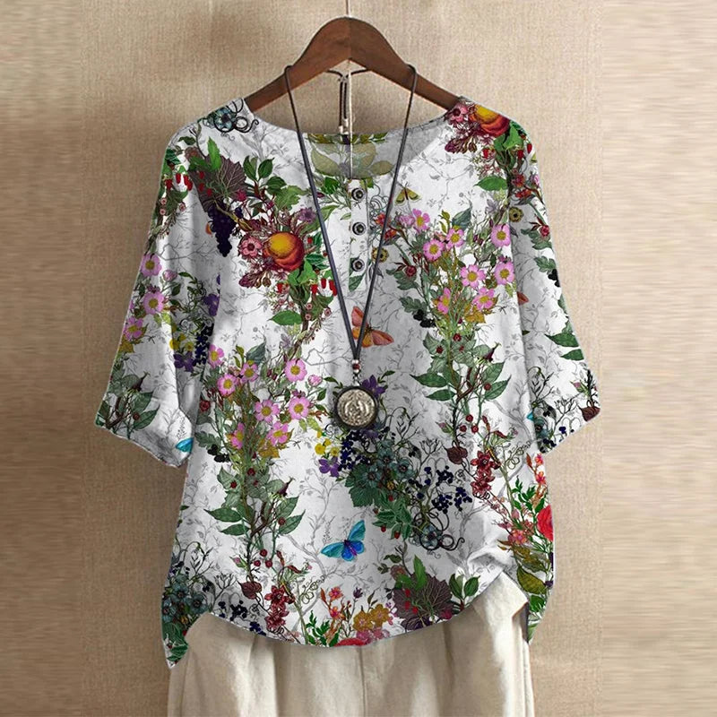 Floral Blouse with Round Neck and Short Sleeves