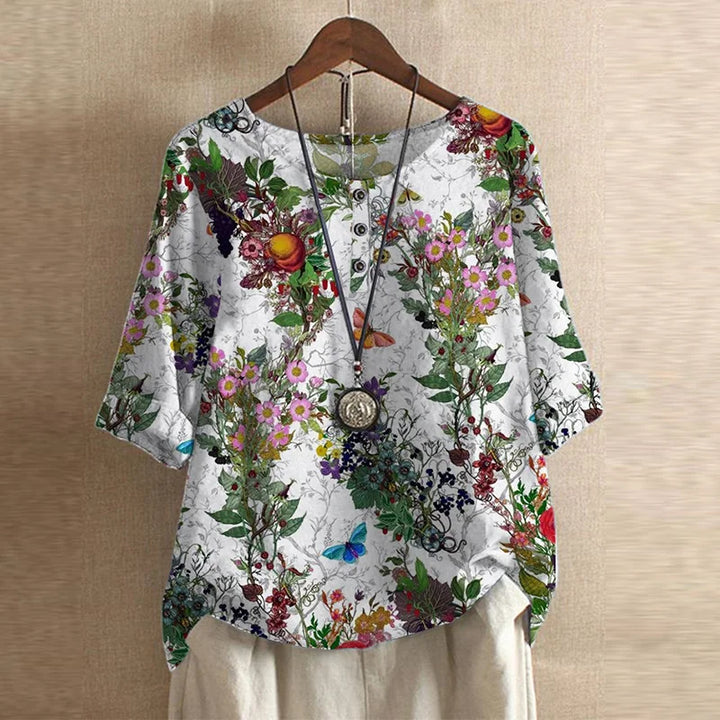 Floral Blouse with Round Neck and Short Sleeves