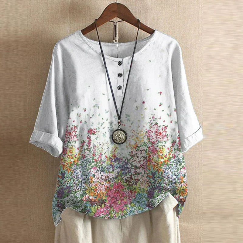 Floral Blouse with Round Neck and Short Sleeves