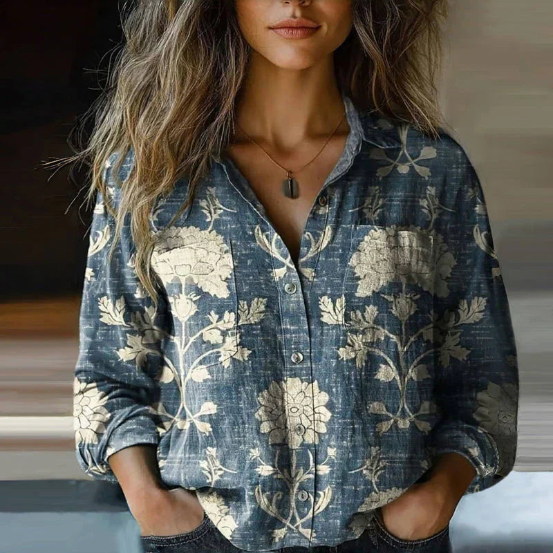 Floral Button-Front Blouse with Long Sleeves