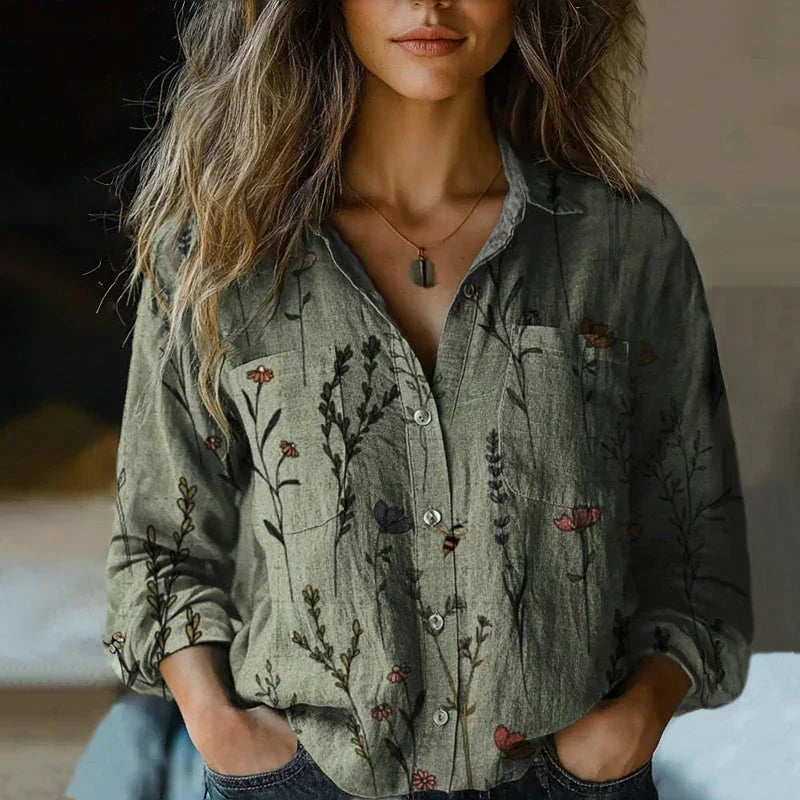Floral Button-Front Blouse with Long Sleeves