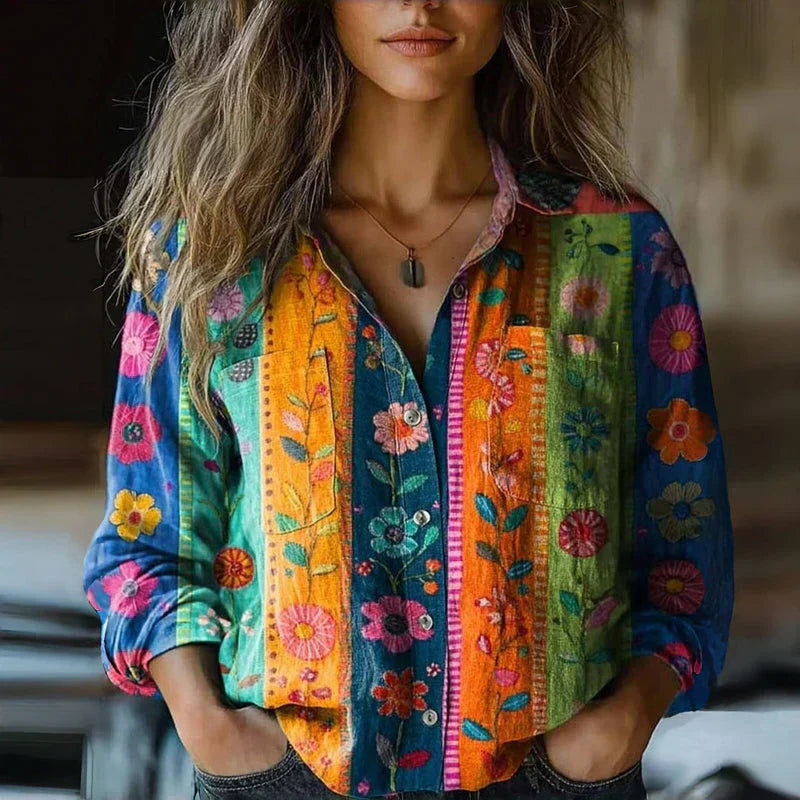 Floral Button-Front Blouse with Long Sleeves