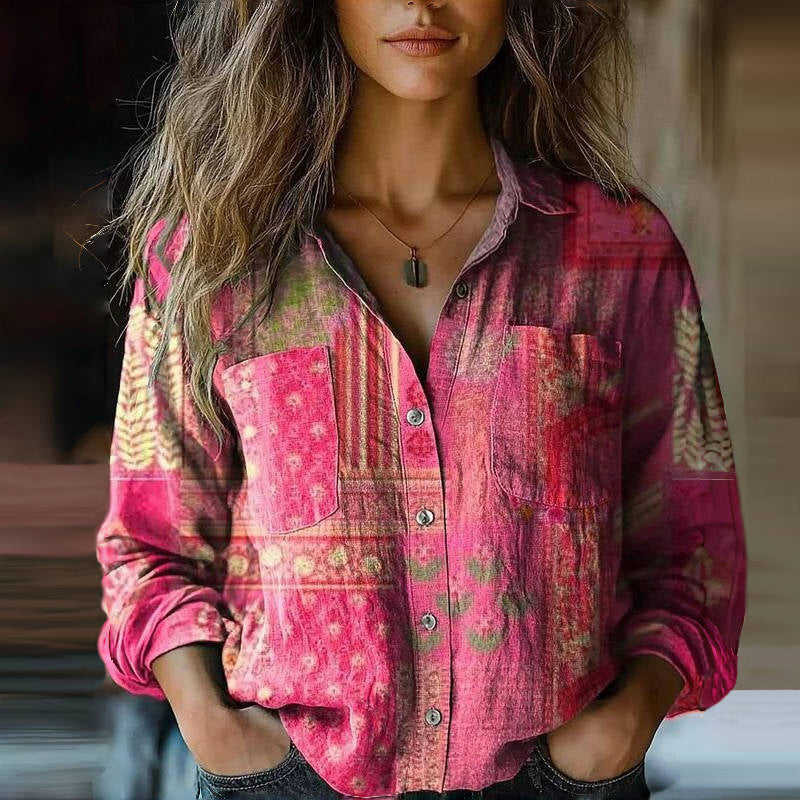 Floral Button-Front Blouse with Long Sleeves