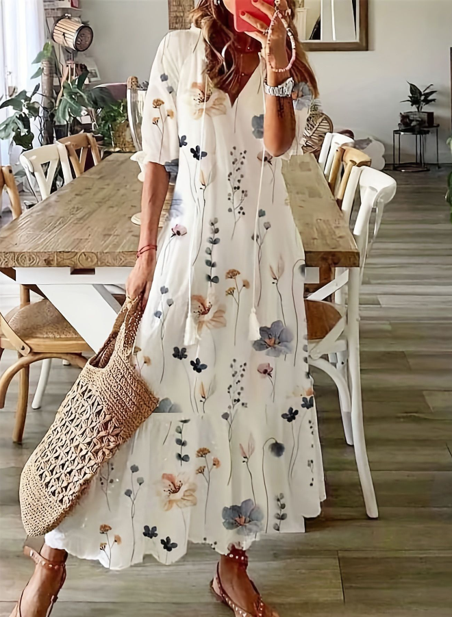 Floral Button-Front Maxi Dress with Three-Quarter Sleeves