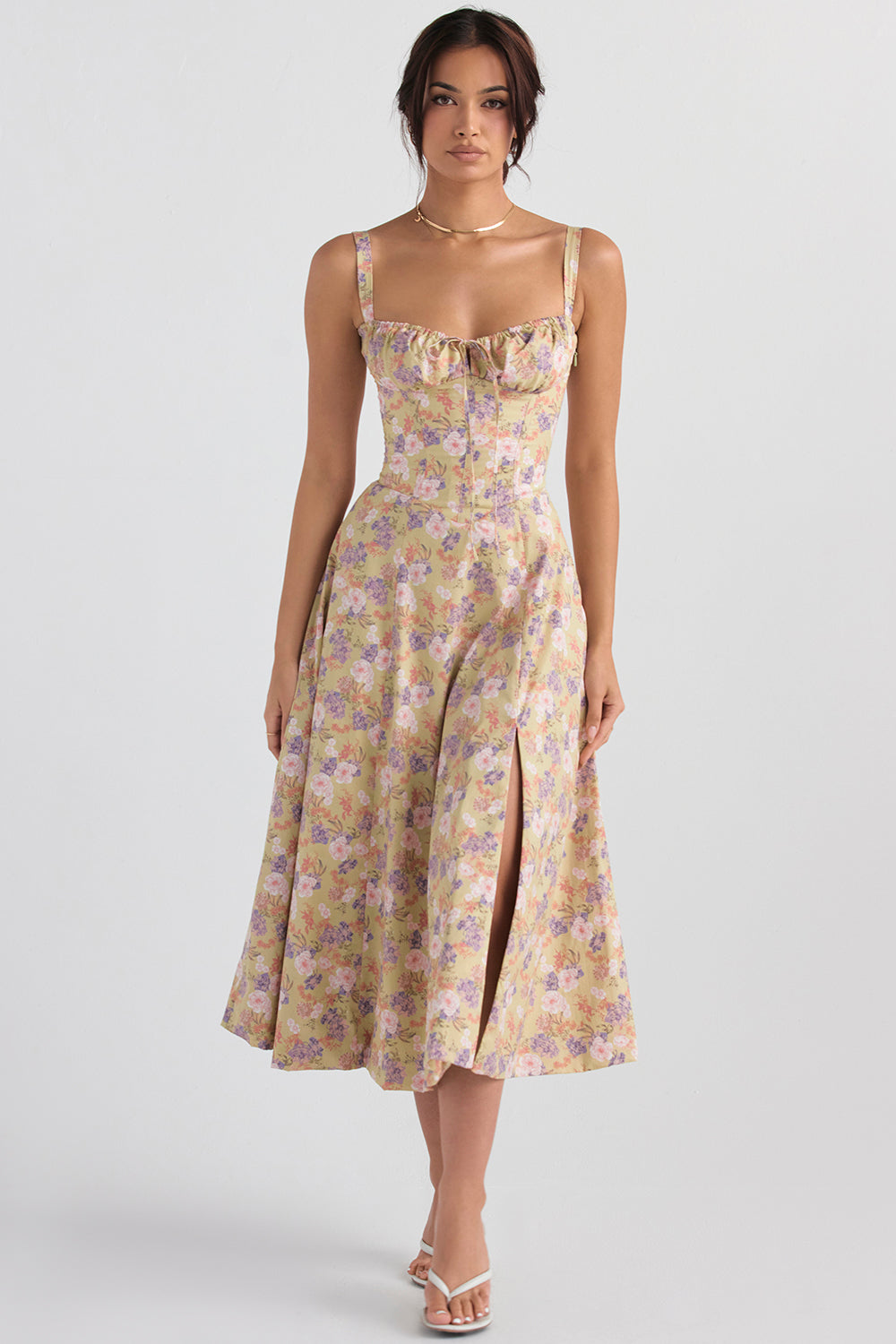 Floral Corset Belted Slit Dress