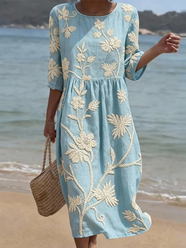 Floral Midi Dress with Round Neck