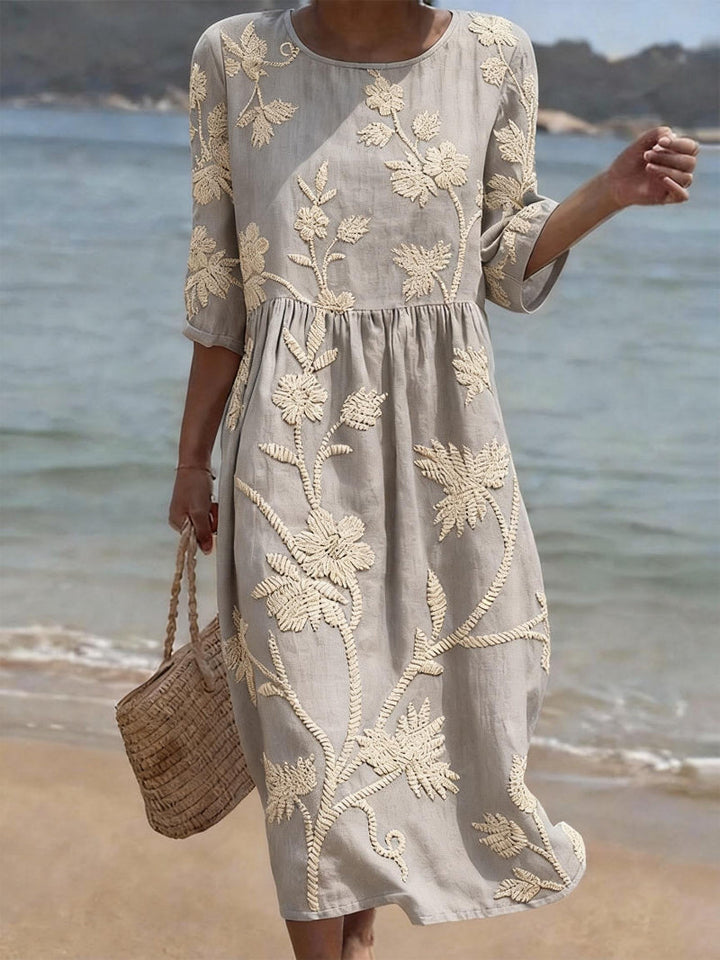 Floral Midi Dress with Round Neck