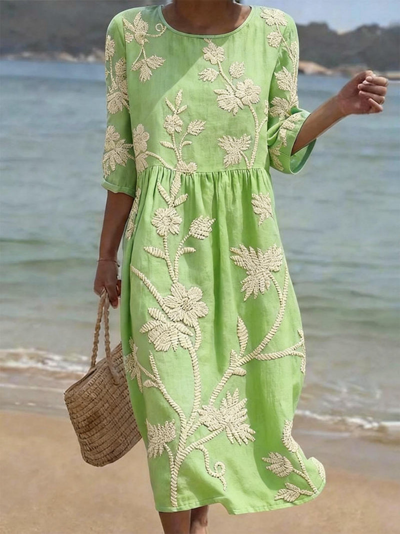 Floral Midi Dress with Round Neck