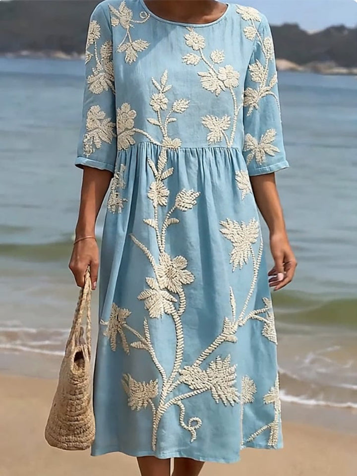 Floral Midi Dress with Round Neck