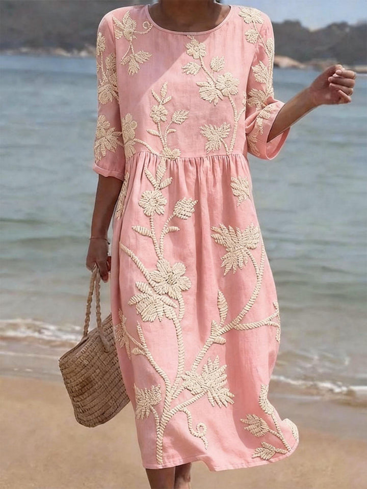 Floral Midi Dress with Round Neck
