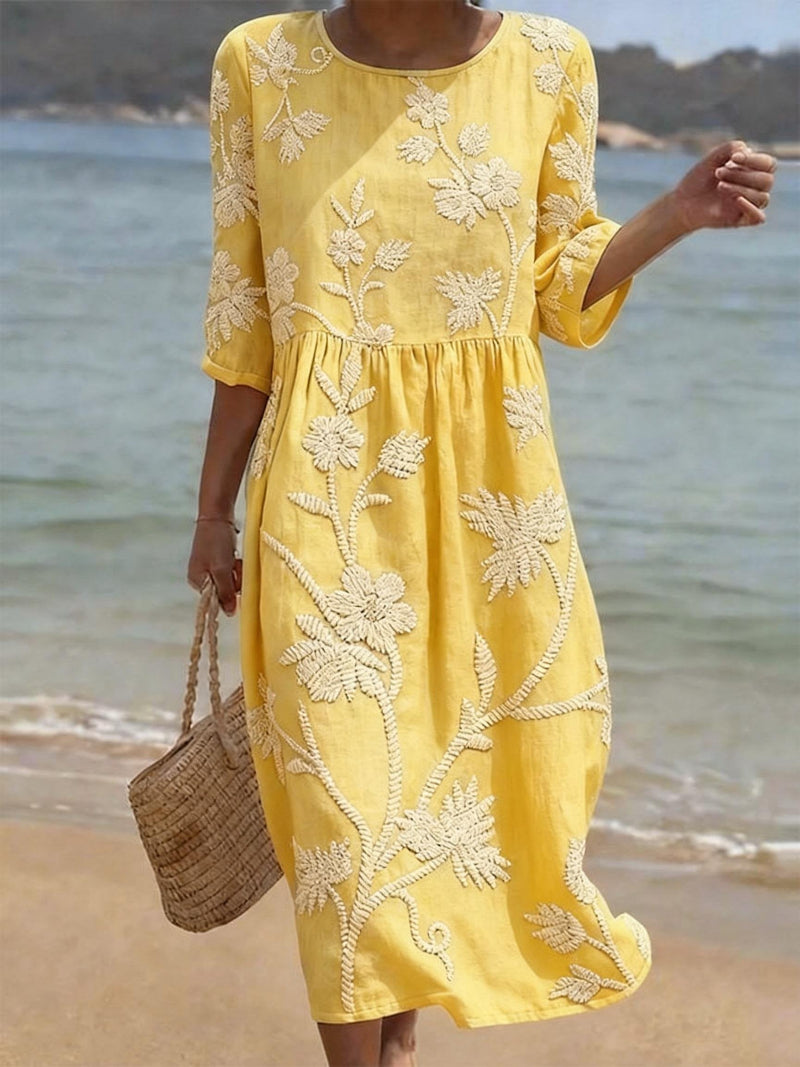 Floral Midi Dress with Round Neck