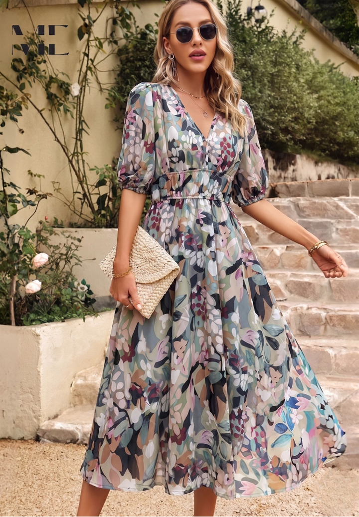 Floral Midi Dress with Short Sleeves
