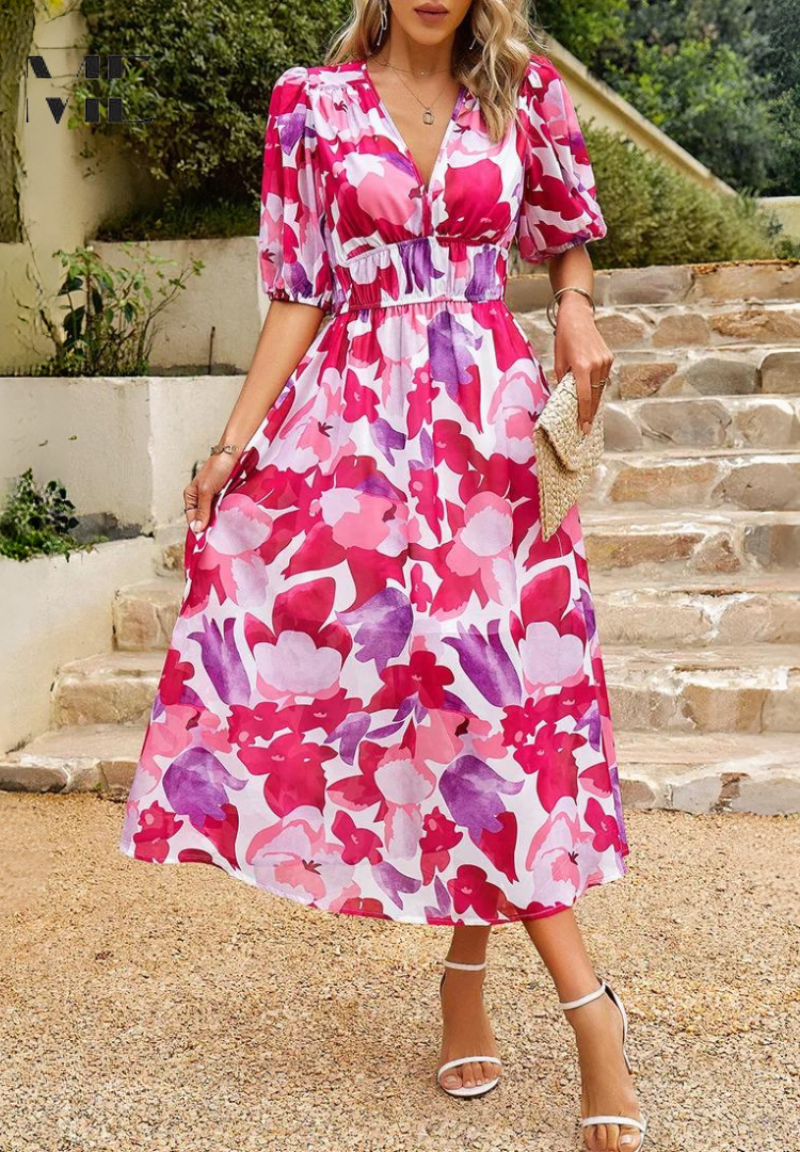 Floral Midi Dress with Short Sleeves