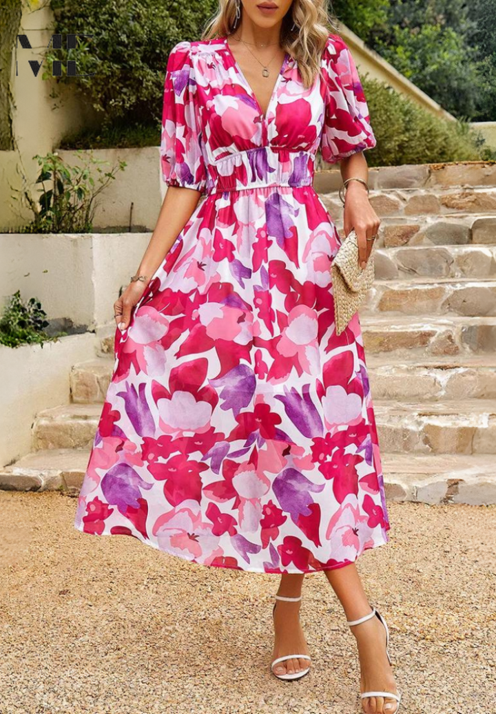 Floral Midi Dress with Short Sleeves