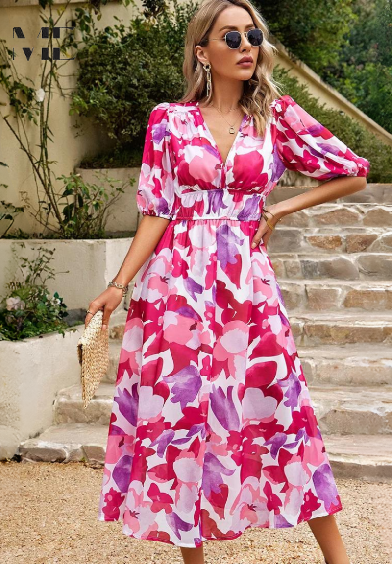 Floral Midi Dress with Short Sleeves