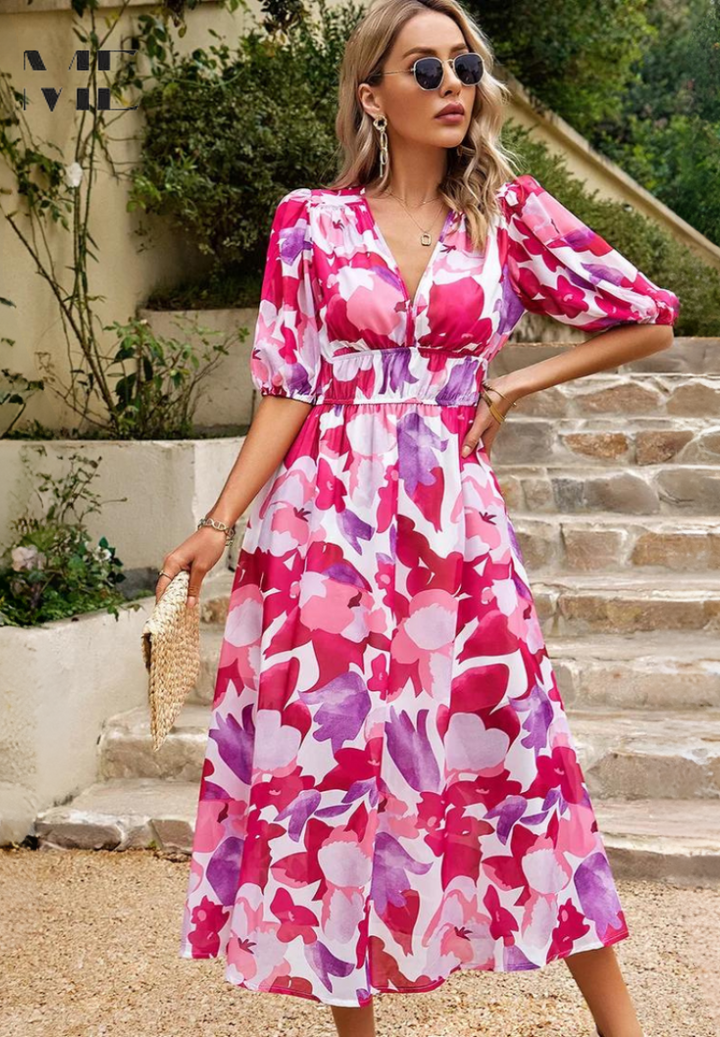Floral Midi Dress with Short Sleeves