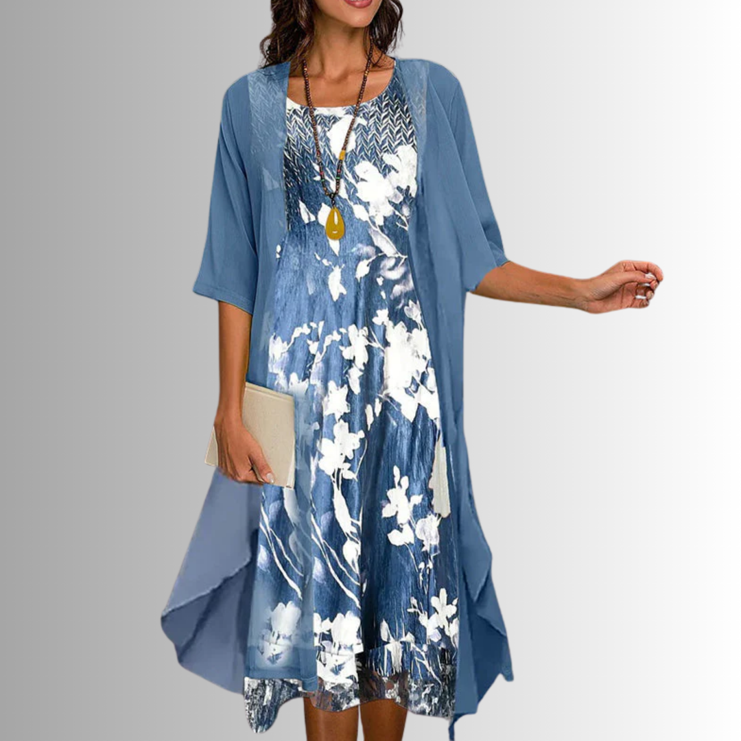 Floral Midi Dress with Three-Quarter Sleeves
