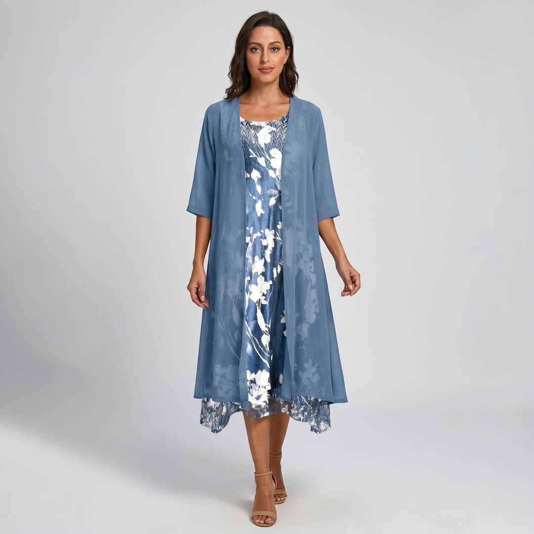 Floral Midi Dress with Three-Quarter Sleeves