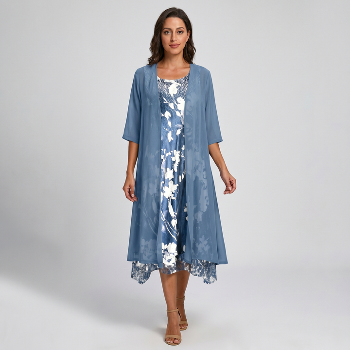 Floral Midi Dress with Three-Quarter Sleeves