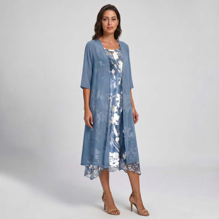 Floral Midi Dress with Three-Quarter Sleeves