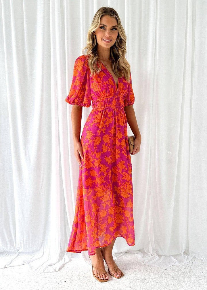 Floral Midi Dress with V-Neck and Short Sleeves