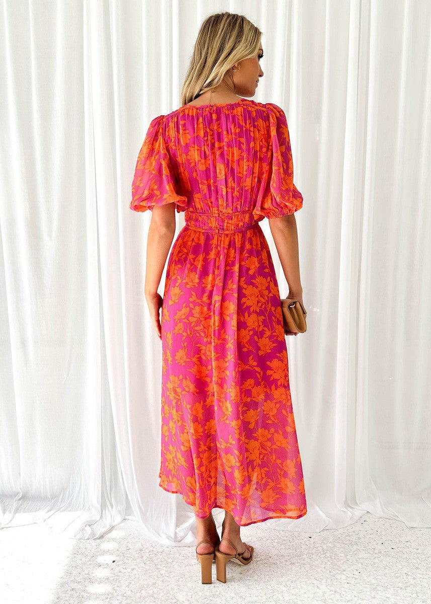 Floral Midi Dress with V-Neck and Short Sleeves