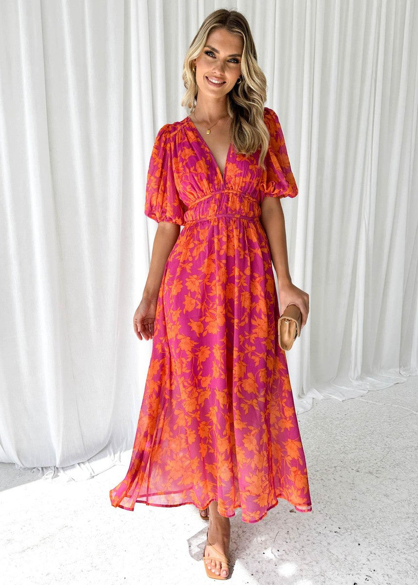 Floral Midi Dress with V-Neck and Short Sleeves
