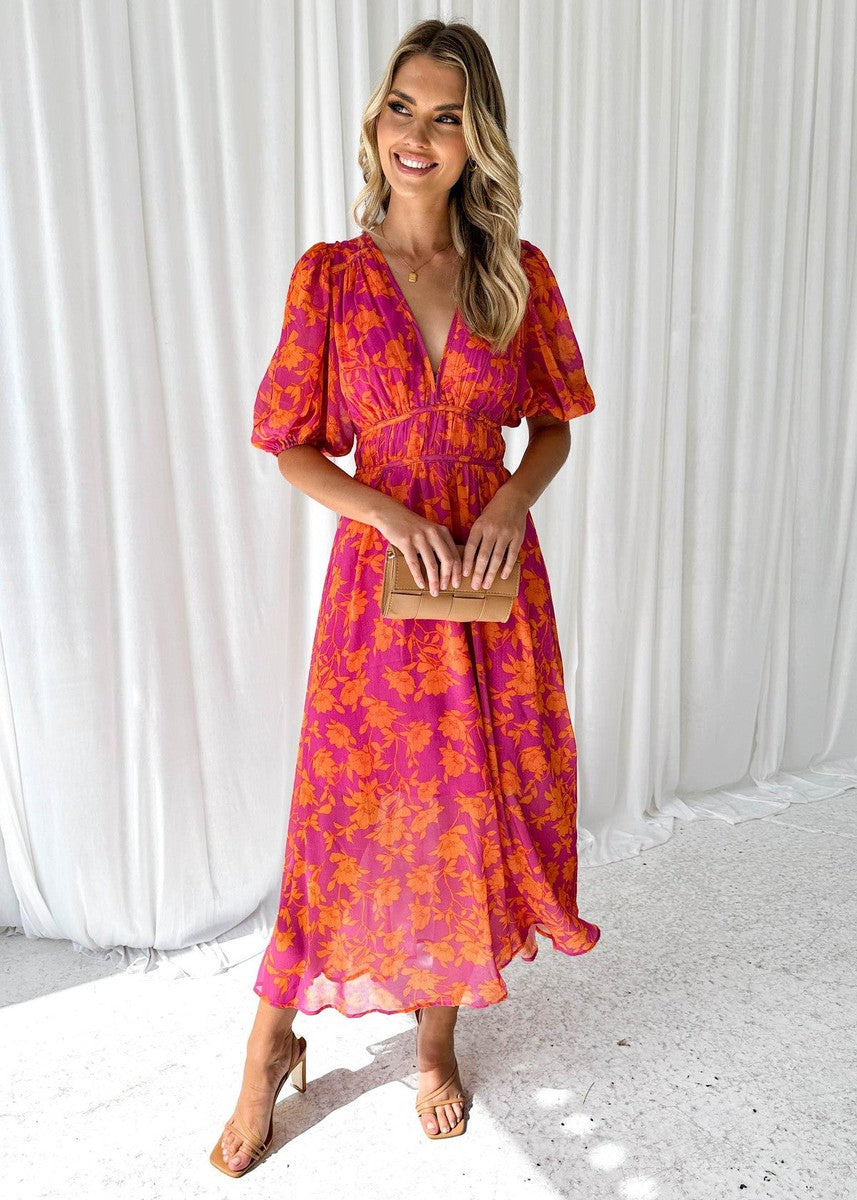 Floral Midi Dress with V-Neck and Short Sleeves