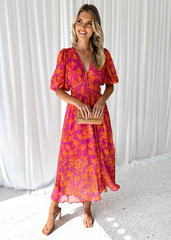 Floral Midi Dress with V-Neck and Short Sleeves