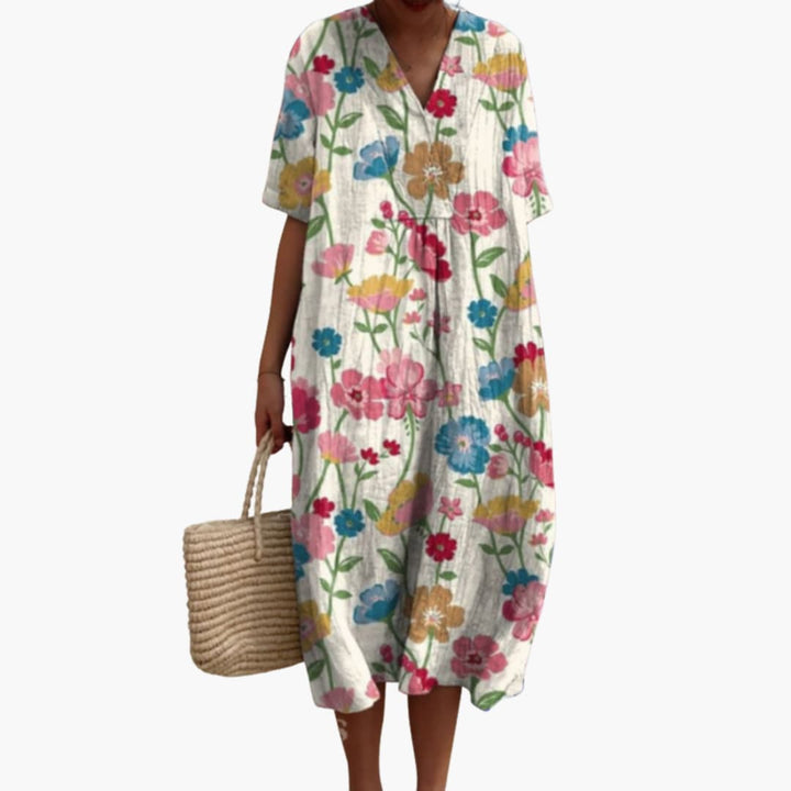 Floral Midi Party Dress with V-Neck and Short Sleeves