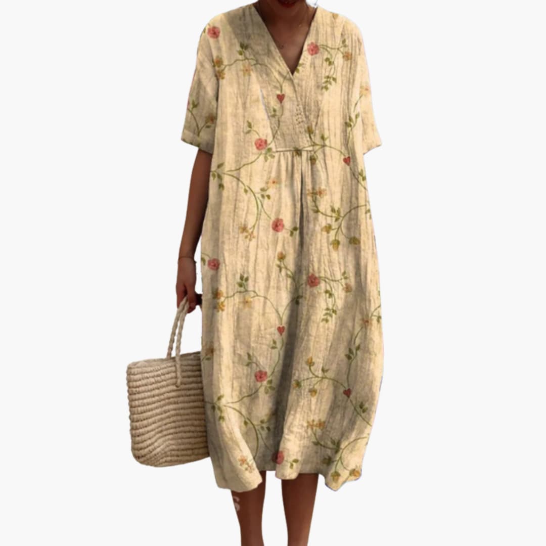 Floral Midi Party Dress with V-Neck and Short Sleeves