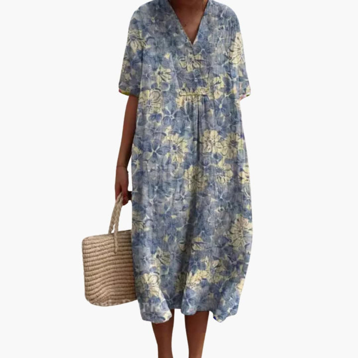 Floral Midi Party Dress with V-Neck and Short Sleeves