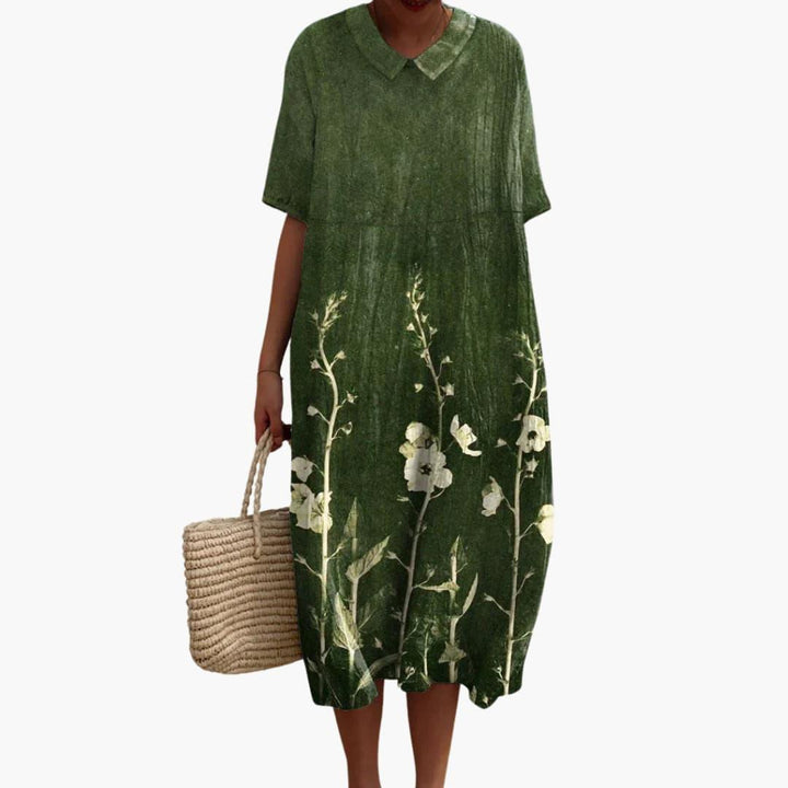 Floral Midi Party Dress with V-Neck and Short Sleeves