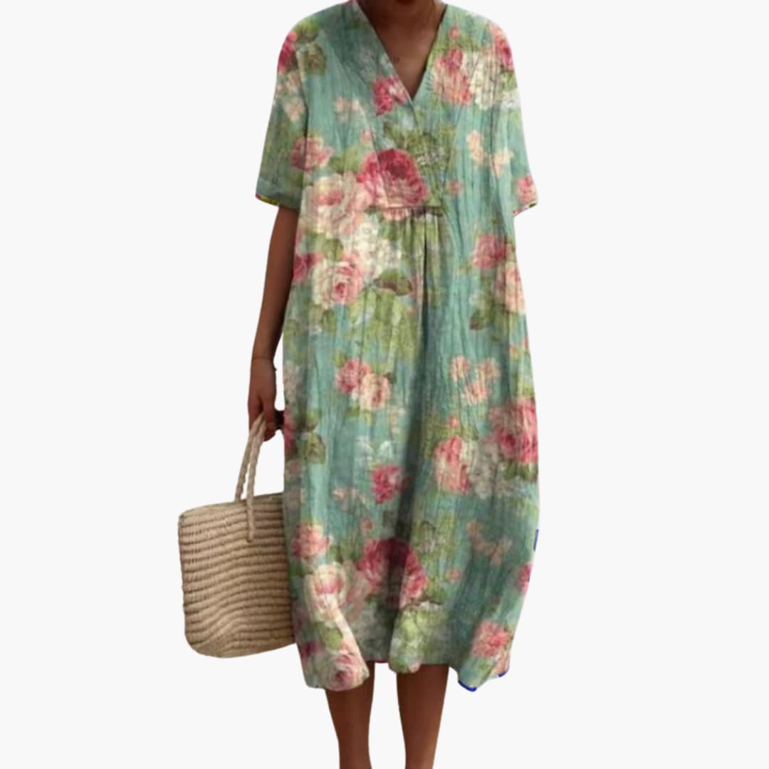 Floral Midi Party Dress with V-Neck and Short Sleeves