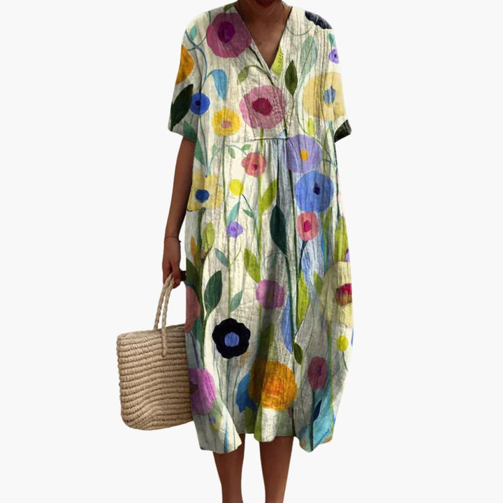 Floral Midi Party Dress with V-Neck and Short Sleeves