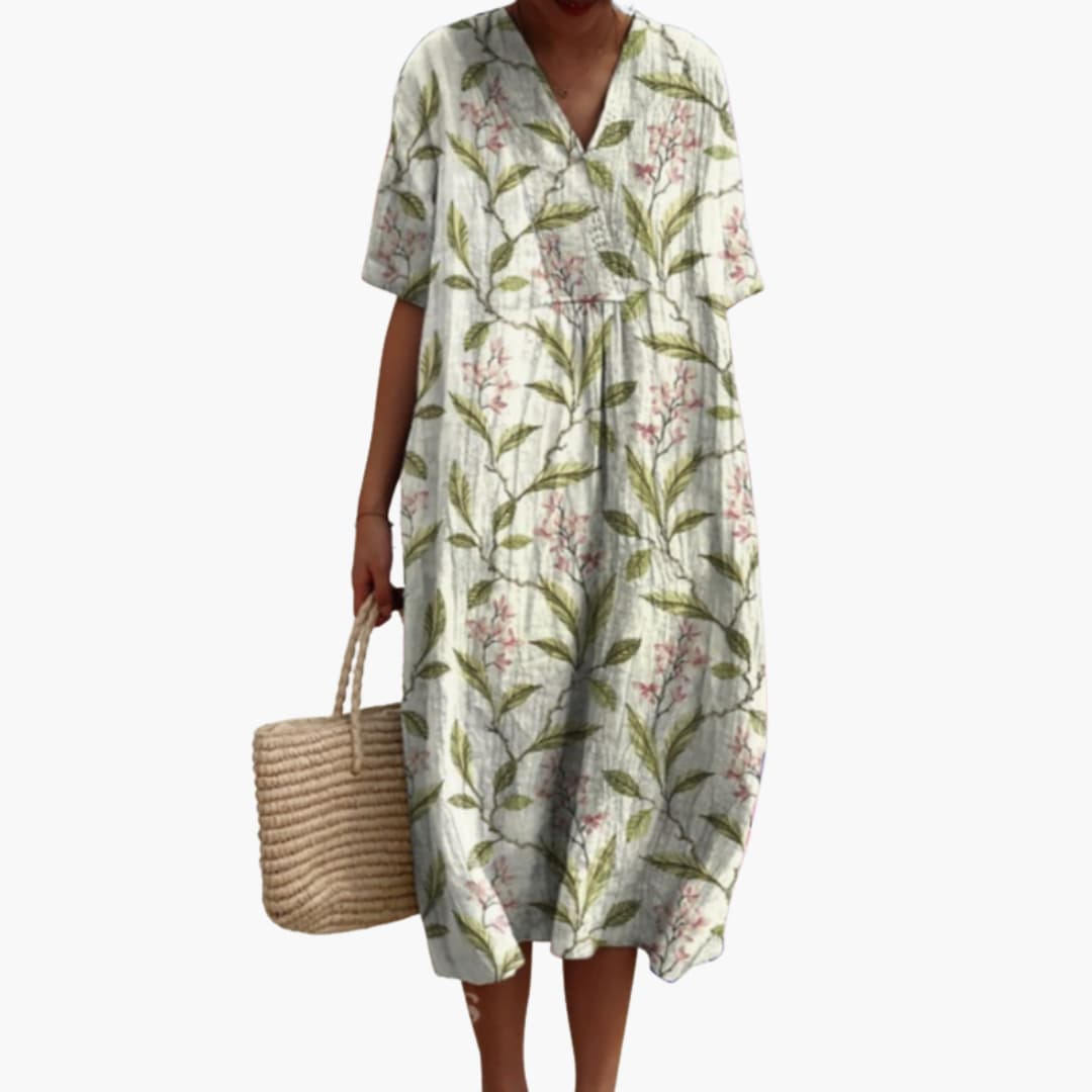 Floral Midi Party Dress with V-Neck and Short Sleeves