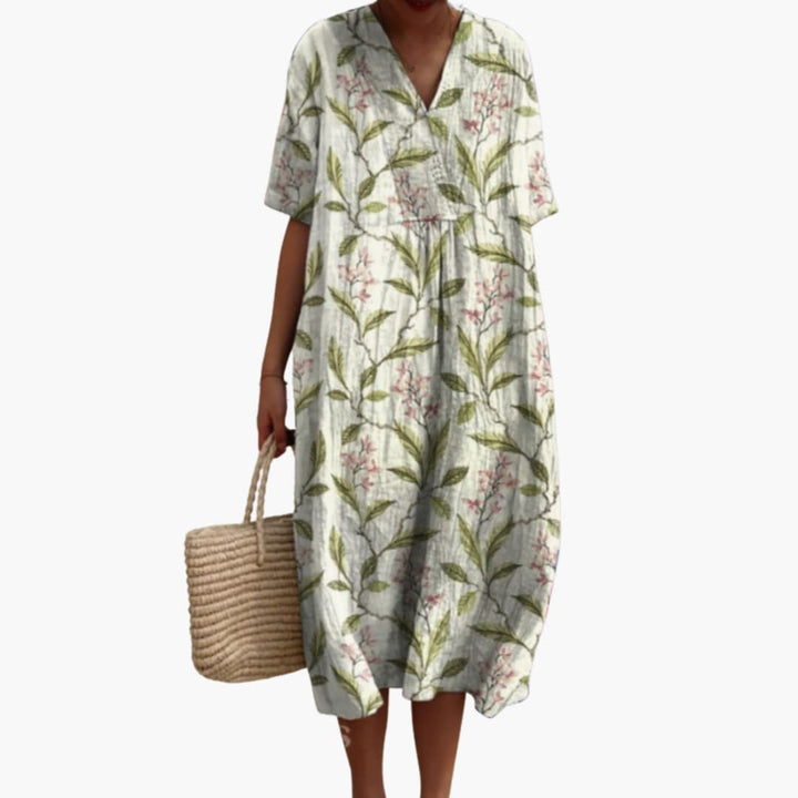 Floral Midi Party Dress with V-Neck and Short Sleeves