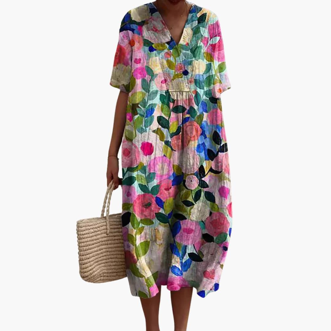 Floral Midi Party Dress with V-Neck and Short Sleeves