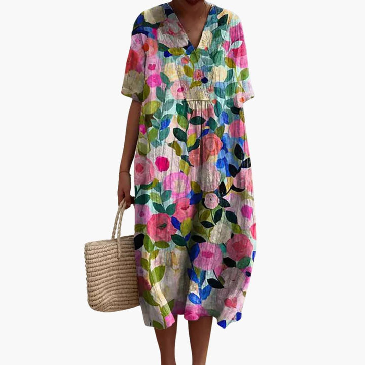 Floral Midi Party Dress with V-Neck and Short Sleeves